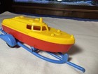 Vintage 1960 s Ideatoy Hard Plastic Toy Boat Cabin Cruiser With Trailer 7 1 2 