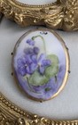 Victorian Antique Hand Painted Porcelain Floral African Violet Brooch As Is     