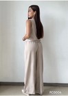 Women s Beige Solid V-neck Sleeveless Tie-front Wide-leg Coverall  M