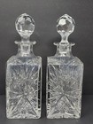 Set Of 2 Vintage Hand Cut Lead Pinwheel Crystal Glass Decanter Round Stopper 11 
