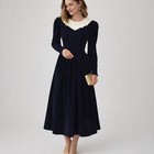 Vtg Norman Shirtmakers Womens Dress 8 Navy Corduroy Beige Collar Peasant Midi