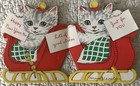 Vintage Christmas Cat Kitten Sleigh Sled Bell Blanket Greeting Card 1930s 1940s