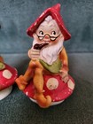 Vintage Gnome pixie elf Sitting On A Mushroom W pipe reading Set Of 2 Damage