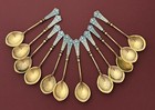 Set 12 German 800 Silver Gilt And Enamel Spoons
