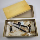 Vintage Sheaffer White Striated Onyx Double Pen Desk Set  read 