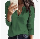 Women   s Green Solid Waffle Knit V-neck Long Sleeve Pullover Top Regular S