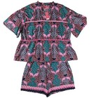 Simply Southern Flamingo Short Set Women L Pink Teal Floral Tiered Preppy Chic