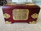 Vintage Chinese Wood   Brass Jewelry Box Stone Inlay Padded Green Silk Lined