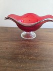 Vtg Ruby Red Ruffled Glass Bowl  Centerpiece  Compote W clear Pedestal   Trim