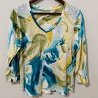 Chico s Linen Top Blouse Women s Size L Watercolor 3 4 Sleeves V-neck Oceano