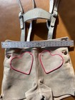 Vintage Childrens Suede Leather Lederhosen Heart Applique Pink Trim Suspenders