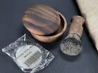Men Oak Wood Soap Mug Bowl Badger Beard Shaving Brush Shave Barber Gift 3pc Set
