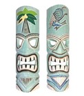 Set Of 2     Large Aqua Teal Tiki Head Mask     Unique Hand Carved Wall Hanging
