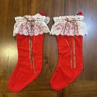 Lot Of 2 Vintage Red Christmas Stockings Corduroy Antique Look Lace 17    Handmade