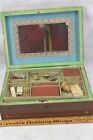 Antique Sewing Box Wooden W mirror W contents 11x8x3 Victorian 19th Original 