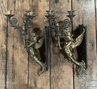 Antique Winged Mermaid Wall Mount Sconces 3 Light Candelabra - Set Of 2 -