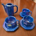 Vintage Y2k Play Tea Set Blue Pretend Plates Cups Teapot Pitcher Kids Girls
