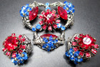 Eugene Amazing Red   Blue Rhinestone Crystal Vintage Brooch Earring Set