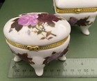 Set Of 2 - Vintage Porcelain Trinket Box Floral Roses W  Gold Hinge