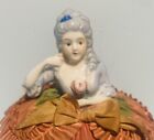 Antique Porcelain Victorian Lady   Fabric Dress Pin Cushion Germany  5 5   
