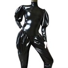 Latex Bodysuit Puff Sleeves Catsuit Back Zip Rubber Jumpsuit Fetish Club Costume