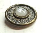 Antique Brass Button   Clambroth Glass W  Clear Overlay Over Foil Galena Border