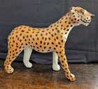Vintage 1970 Leather Wrapped Cheetah Leopard Sculpture African Animal Figure Art