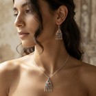 Silver Tone Red Round Stone Triangle Pendant Necklace Dangle Earrings Set