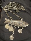Judaica 1907 Silver Fish-shaped Jewish Amulet Necklace Ottoman Coins Read