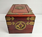 Vintage Chinese Rosewood Jewelry Box With Brass Hardware Yellow Silk Lining