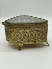 Antique Gold Ormolu Filigree Bevel Glass Jewelry Box Footed French Style Casket