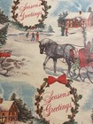 Vtg Christmas Wrapping Paper Gift Wrap Seasons Greetings Sleigh Tree Snow Scene