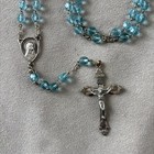 Vtg Blue Glass Bead Silver Tone Rosary Sterling Silver Crucifix Pendant