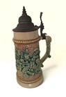 Vintage German 1l Lidded Beer Stein Pewter Lid Relief Tavern Scene Germany