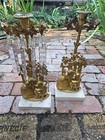 19th Century Brass Pair Of Girandoles On Marble Base Dog Man Lady