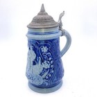 Vintage German Beer Stein Lidded Cobalt Blue Salt Glaze 1 2 L Prosit 7 1 2  Tall