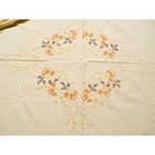 Vtg Hand Embroidered Floral Ecru Tablecloth Cross Stitched Orange Yellow Brown