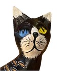 Hand Carved Wooden Cat Figure Folk Art Primitive Unique Blue   Yellow Eyes 10   