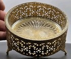 Trinket Jewelry Flocked Box Vintage Ormolu Gold Filigree Clear Glass Round