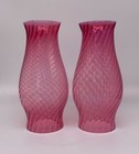 Pair Antique Cranberry Opalescent Swirled Oil Lamp Chimney Victorian Vintage 2