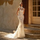 High Neck Mermaid Wedding Dress Sleeveless Lace Applique Sweep Train Bridal Gown