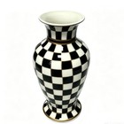 Black And White Checkered Vase With Bronze Accents  Elegant Ceramic