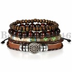 8pcs Set Black Skull Brown Tribal Leather Cuff Wristband Bracelet For Men Women