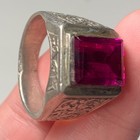 Rare Vintage Silver Ring Ornate Floral Engraving Rich Raspberry Gemstone