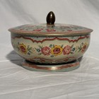 Vintage Daher Tin Bowl W lid  Fea  Floral Design Made In Belgium 1940-1980
