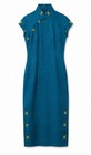 Vintage Chinese Qipao Cheongsam Dress Teal Blue Gold Embroidered Mandarin