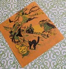3 Vintage Halloween Beverage Napkins Crepe Paper Witches Cats Cauldron Bat Moon 