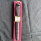 Camrose   Kross Jbk Quartz Rectangle Gold Tone Green Crystal Black Leather Watch