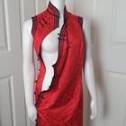 Handmade Women   s Red Satin Cheong-sam Qipao Dress Black Trim  Size M