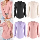 Womens Plain Pullover Puff Long Sleeve T-shirts Casual Loose V Neck Blouses Tops